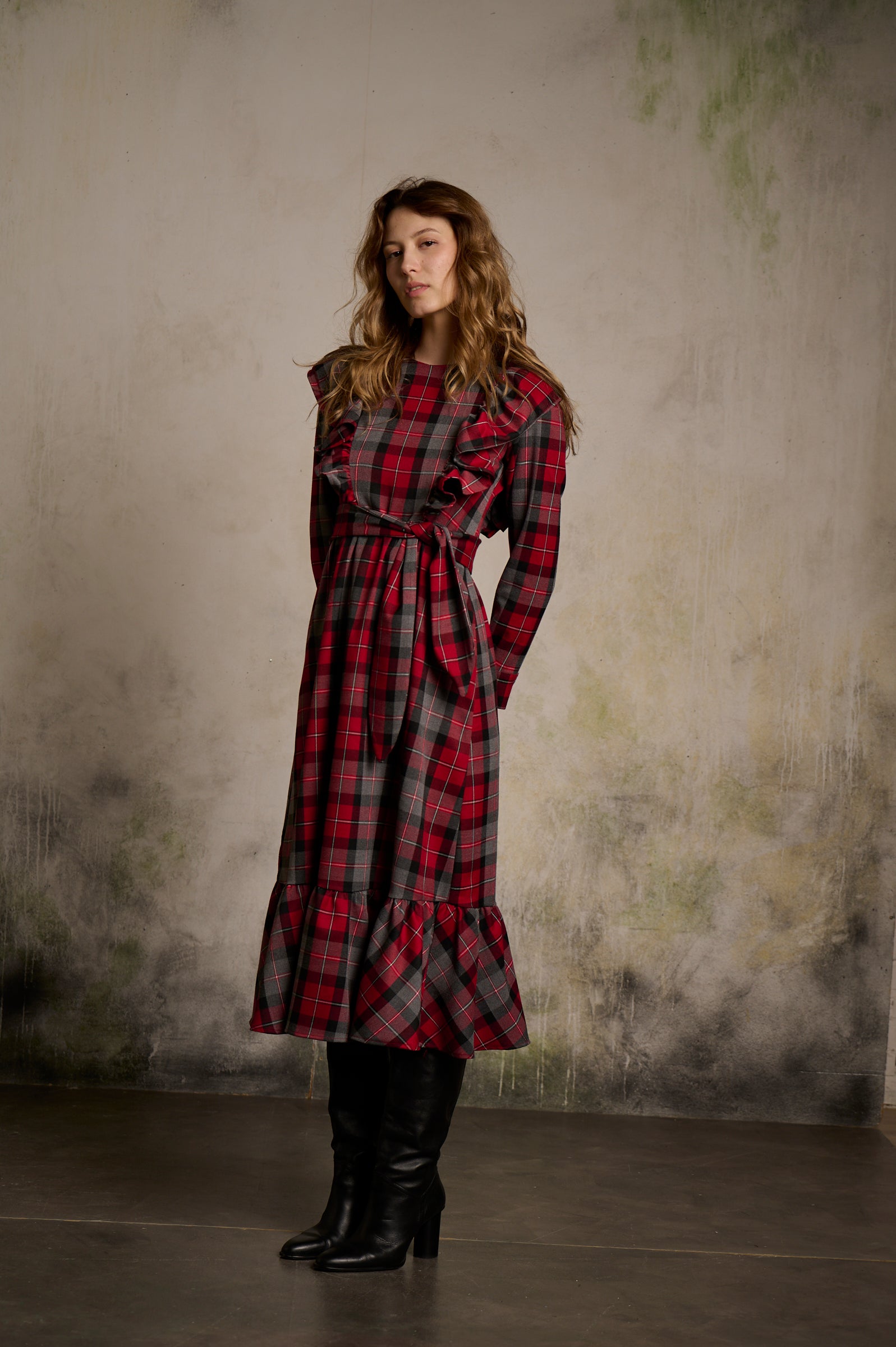 Vestido Graciela gris/rojo